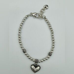 Brighton Silver Ball Bead Bracelet Puffy Heart Crystal Floral Charm Adjustable